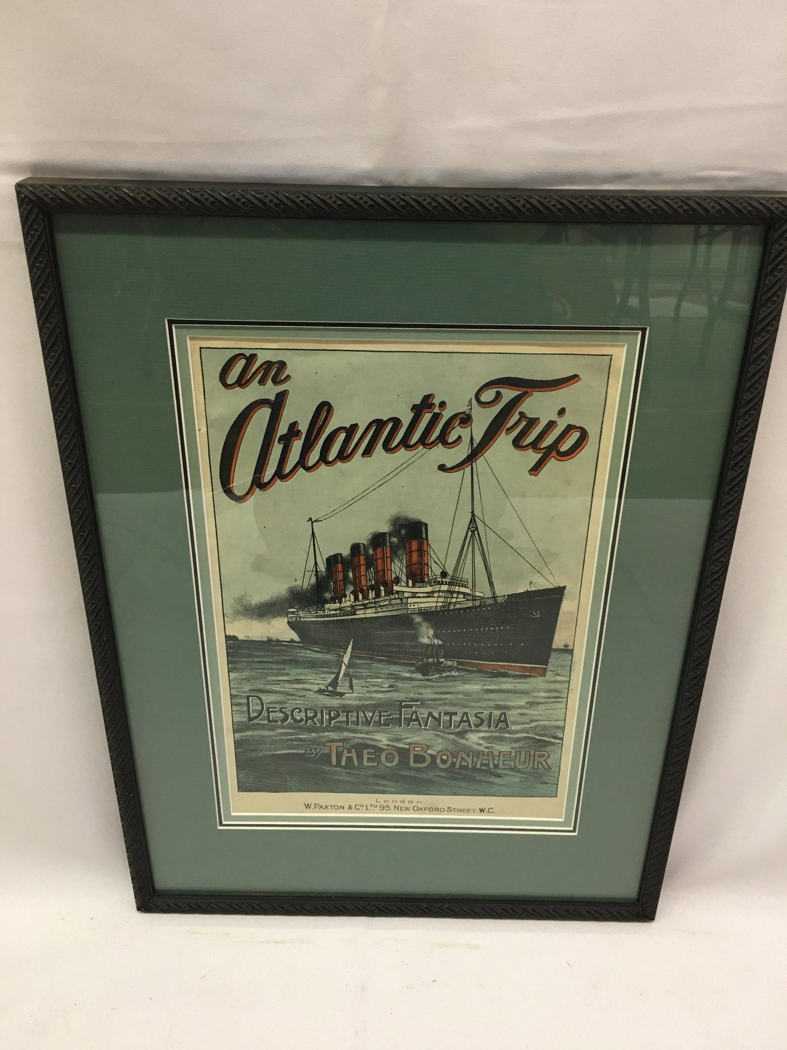 An Atlantic Trip, Descriptive Fantasia Poster: An Atlantic Trip, Descriptive Fantasia Poster, by Theo Bonheur, framed & matted under glass. 1.75" tear at "A" in Atlantic. Size in frame 19.5"H x 14.5"W