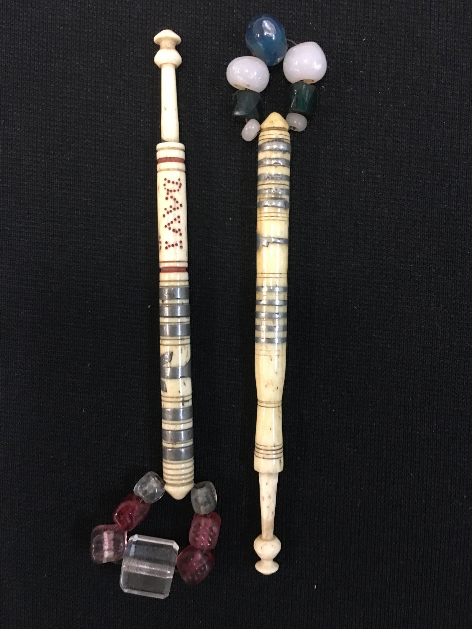 (2) Bobbin Brown English Antique Bobbins from Springett Collection: Antique Pewter Inlaid English Bone Lace Bobbin By William "Bobbin" Brown (1793-1872), Both Spangled, one inscribed David, has card verifying it came from Springett's Antique Lace Bobbin Collection, 4"