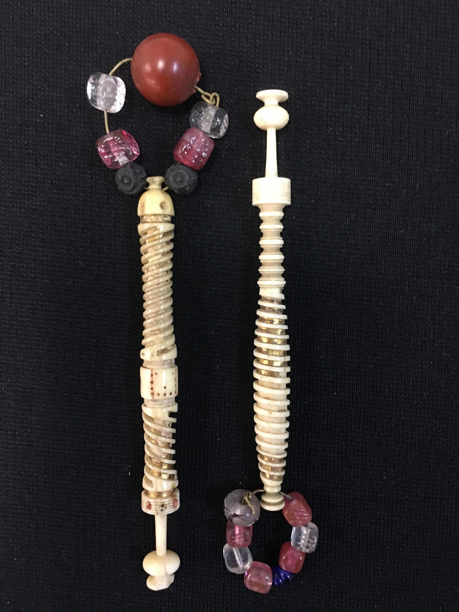 (2) John Haskins English Antique Bobbin from Springett Collection: Antique Gold Tinsel Wrapped English Bone Lace Bobbin By Joseph Haskins (1779-1855), Spangled, some tinsel loss, has card verifying it came from Springett's Bobbin Collection, chipped heads, 3.75"