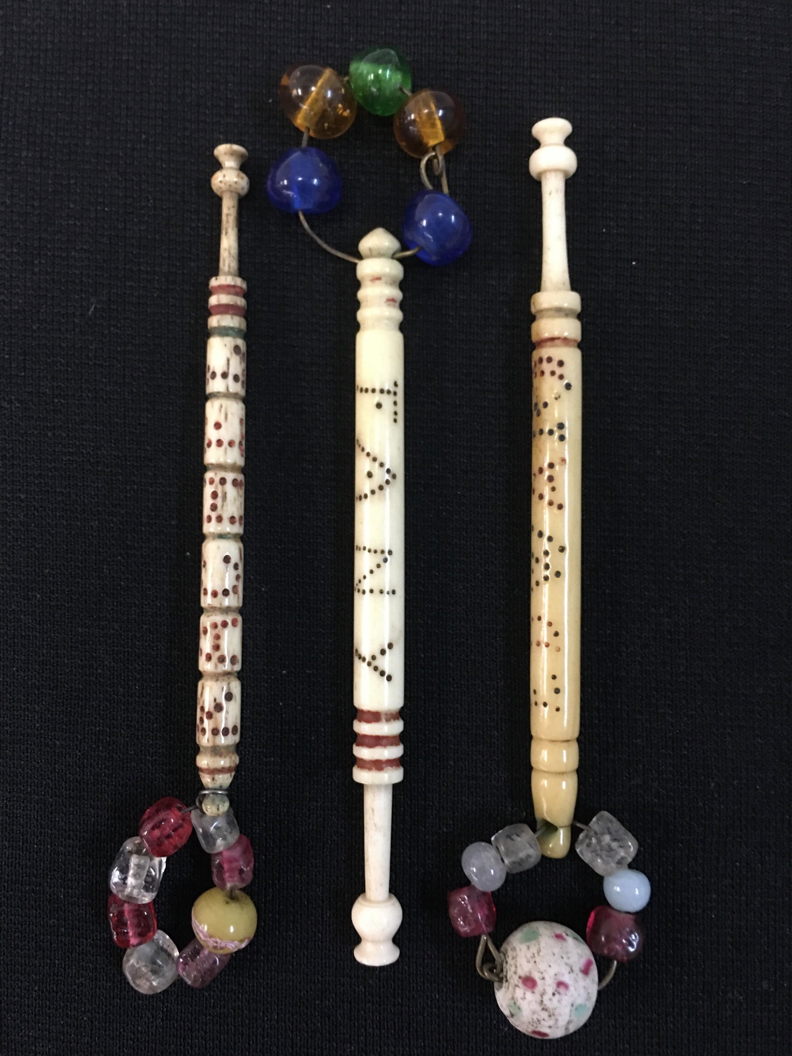 (3) Antique Bone Inscribed Name Bobbins: (3) English Midland Antique Bone Inscribed Bobbins, all spangled, spotted colored names "Fany", "Edward", and "Rachel". 3.5"-3.75"