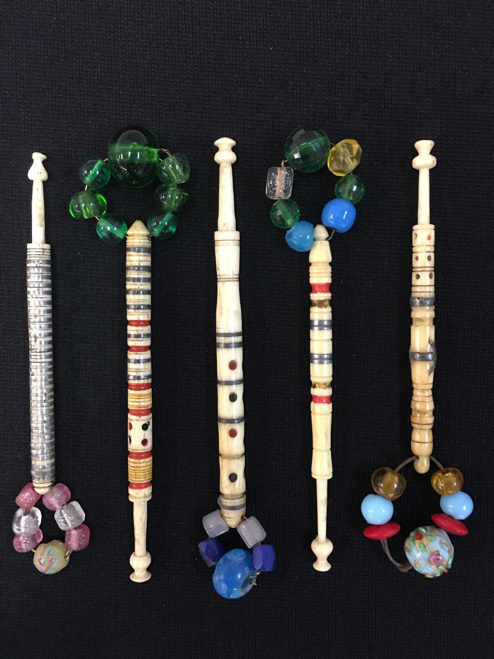 (5) Antique English Bone Pewter Inlaid Bobbins: (5) Antique English Bone Pewter Inlaid Bobbins, all spangled, colored spots and rings, 3.5"-4"
