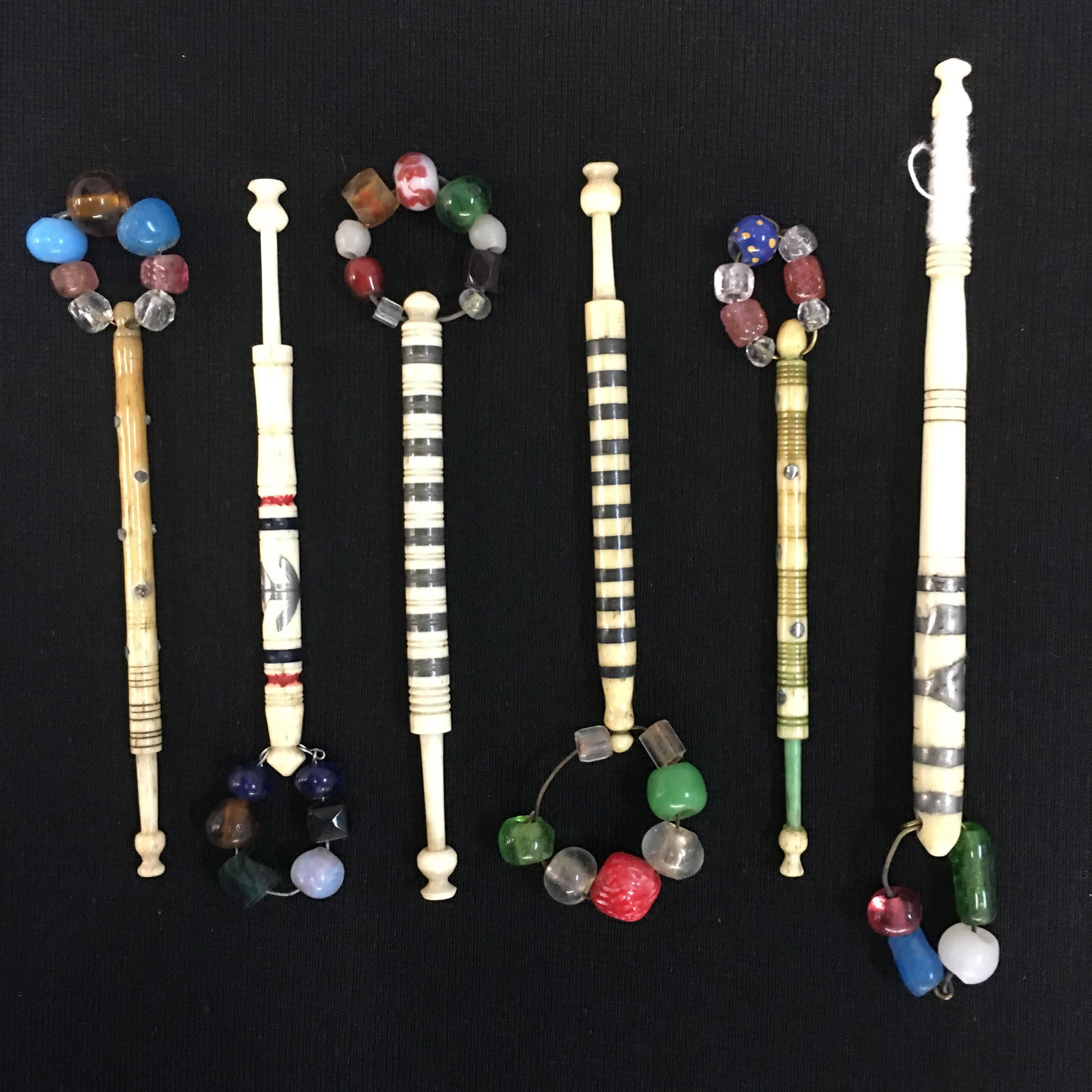 (6) Antique English Bone Pewter Inlaid Bobbins: (6) Antique English Bone Pewter Inlaid Bobbins, All Spangled, colored spots and rings, 3.25"-4.75"