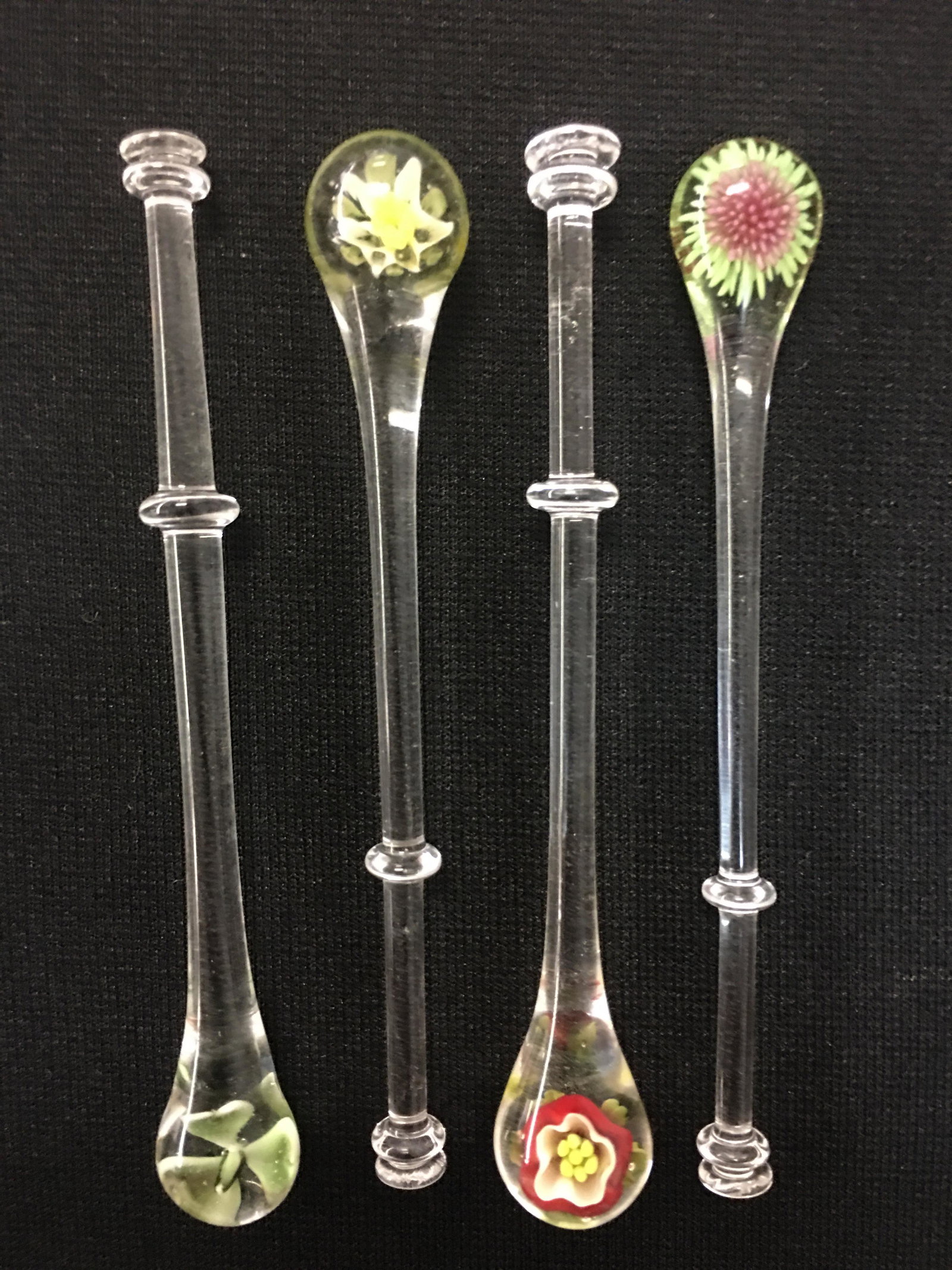 Set of (4) Glass Emblem Lace Making Bobbins: Set of (4) Glass Emblem Bobbins. Includes Shamrock, Thistle, Tudor Rose, & Daffodil. 4.25"