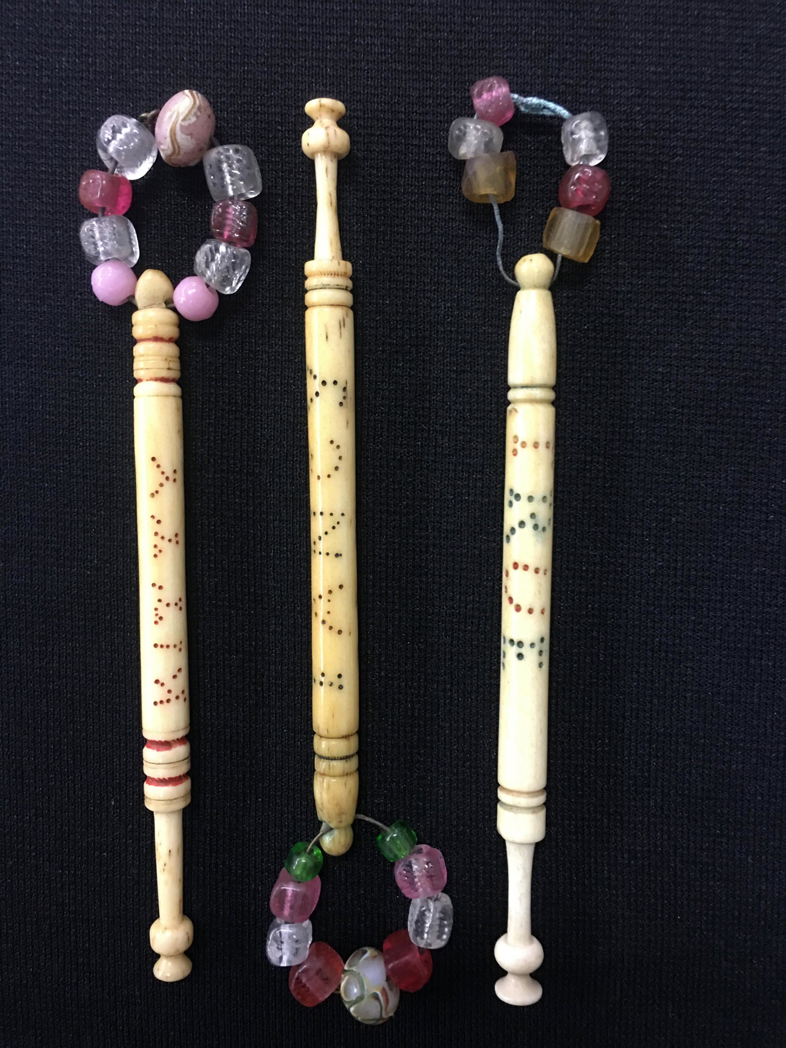 (3) Antique English Bone Midland Message Bobbins: (3) Antique English Bone Midland Message Bobbins, all spangled. Colored dot inscriptions read "Be True", "Sweet Kitty", "Fancy Me". 4"