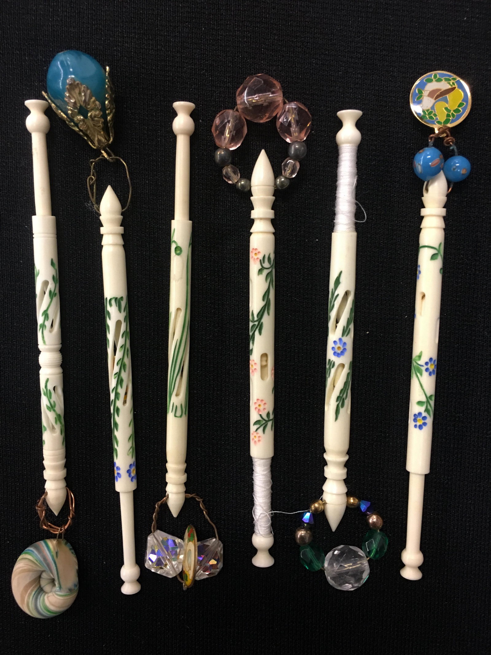 (6) Painted Spangled A. R. Archer Bone Lace Bobbins: (6) Painted Spangled A. R. Archer Bone Lace Bobbins, Mother & Babe, includes springtime design with bee babes. One bobbin has missing babe. 3.75"
