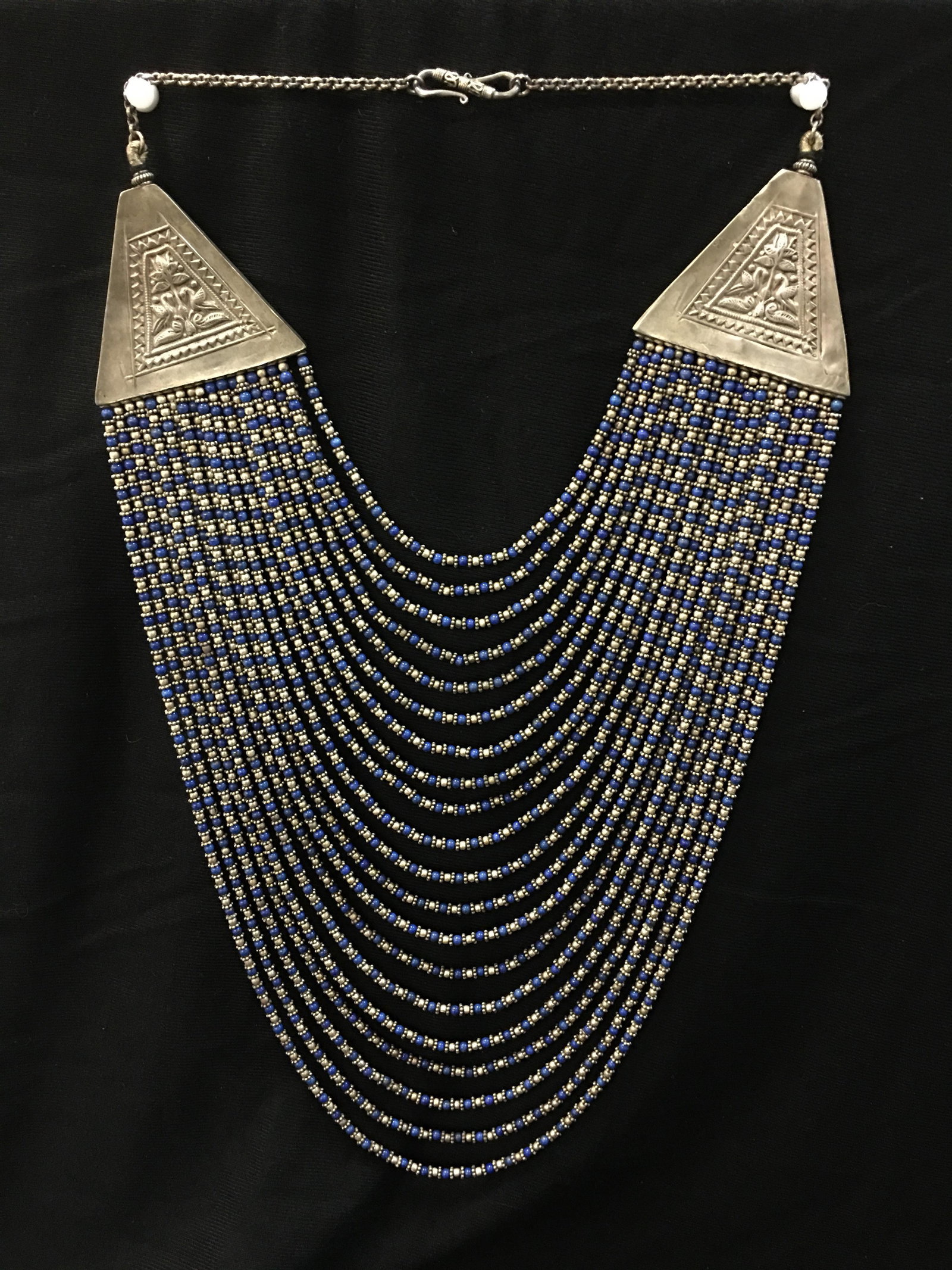 Aztec Design Necklace: Aztec Design Glass Bead & Sterling Necklace, Unmarked, 20 strands, 19"