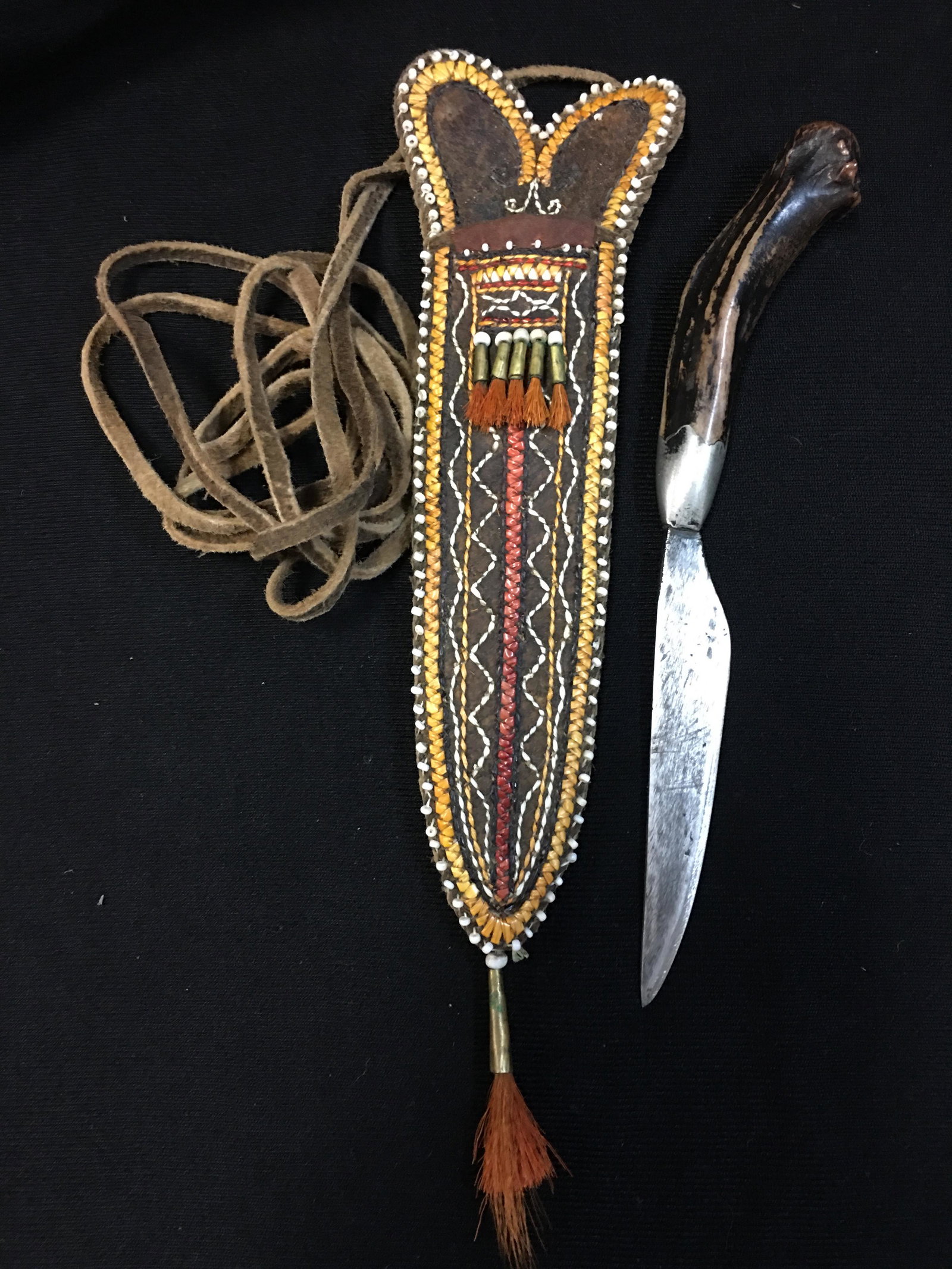 Antler Handle Knife With Beaded Embroidered Sheath: Antler Handle Knife With Beaded Embroidered Sheath, blade length 3.75"