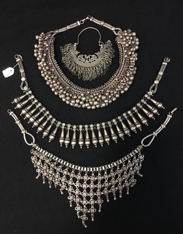 Vintage Rajasthan India Silver Necklaces & Bracelet: Vintage Rajasthan India Silver Choker Necklaces & Bracelet. Lot includes 1) Heavy choker with applied hollow balls, marked RA on clasp, 16", 371g; 2) Woven metal choker, marked TG on clasp, 14", 126g;