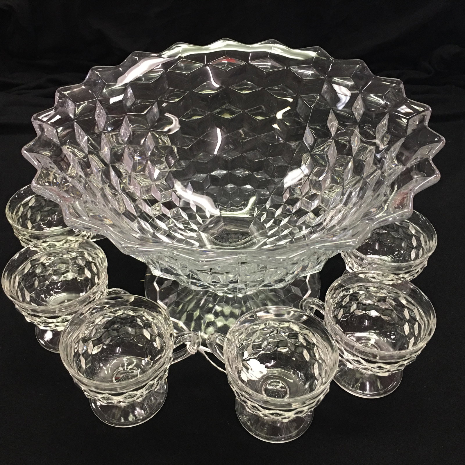 American Fostoria Tom & Jerry Footed Punch Bowl & Cups: American Fostoria Tom & Jerry Footed Punch Bowl & Cups. Bowl 7.5"H x 12.5"Diameter
