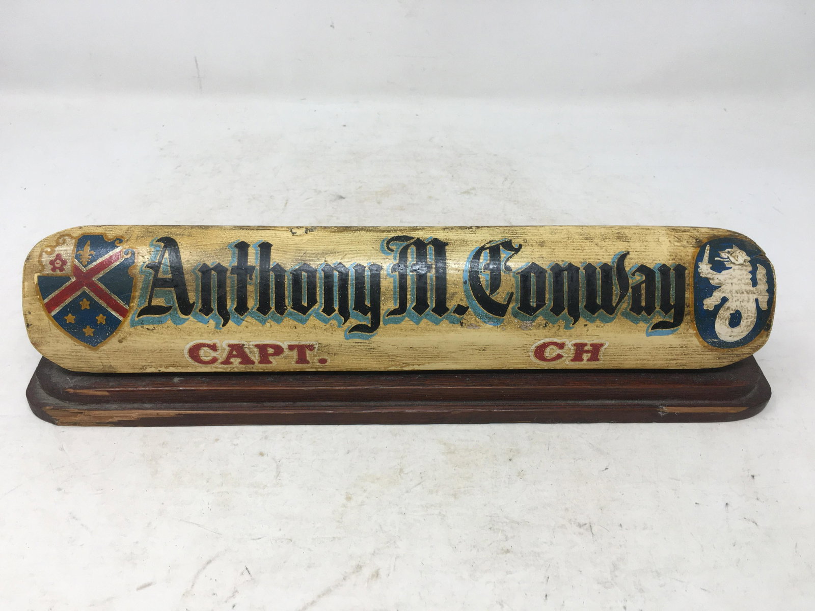English Ship's Captain Painted Wooden Nameplate: English Ship's Captain Painted Wooden Desktop Nameplate. Reads "Anthony M. Conway, Capt. Ch".13.5"W x 3"D x 3.25"H