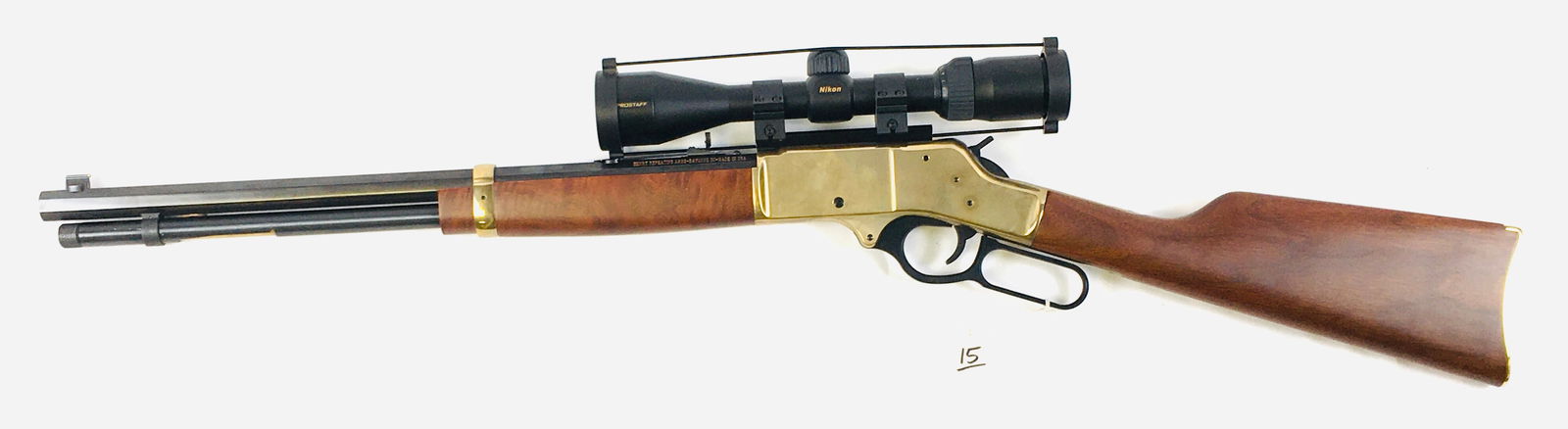 Henry 30-30 Win Brass Lever Action Rifle: Henry 30-30 Win Brass Lever Action Rifle with box, Model: H009B SN:TTB011649, with Nikon Prostaff riflescope 3-9x40 Matte NP #6721