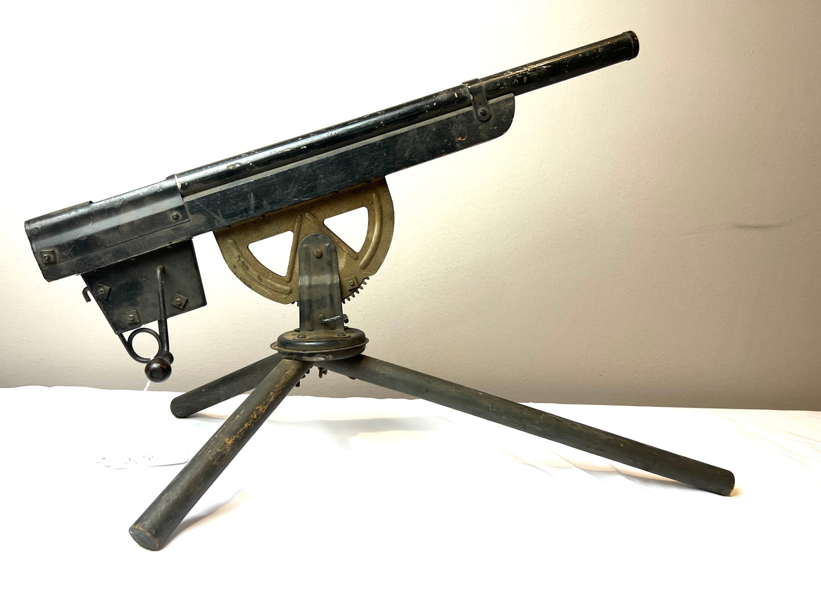 Vintage Toy Gun: Toy Gun on Turret wood & steel construction fires wooden projectile by crank spring. Approximated 24" long x 12" height