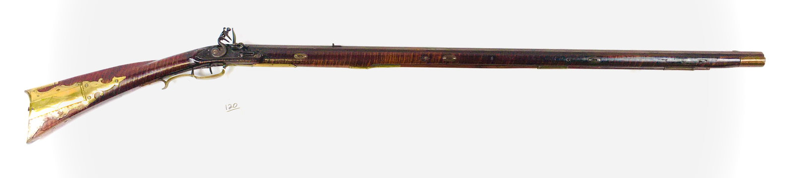PA Flintlock Rifle: PA flintlock rifle, tiger maple full stock, brass trigger guard, repair in stock, engraved patchbox with repair, lock marked Ketland & Co, octagon barrel, 42" barrel, 57.5" length overall, 54 cal