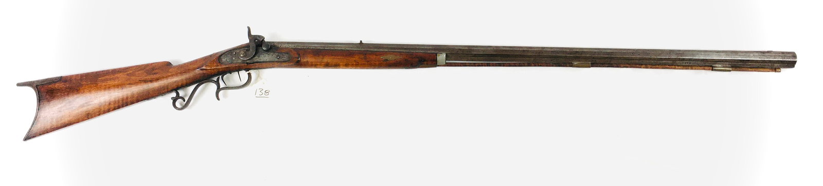 Percussion Rifle: Percussion Rifle, Tiger Maple half stock, engraved lock, lock marked Leman, Lanctr. PA., 35.75" barrel, 52" overall length, 34 cal