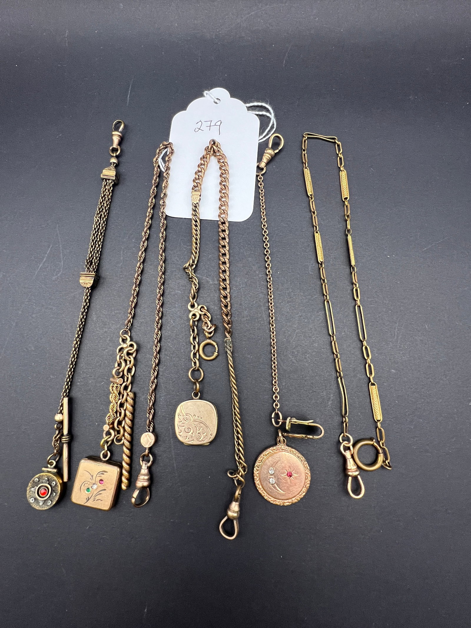 Group of 5 Watch Chains: Group of 5 Watch Chains - one w/moon & stars, one locket.