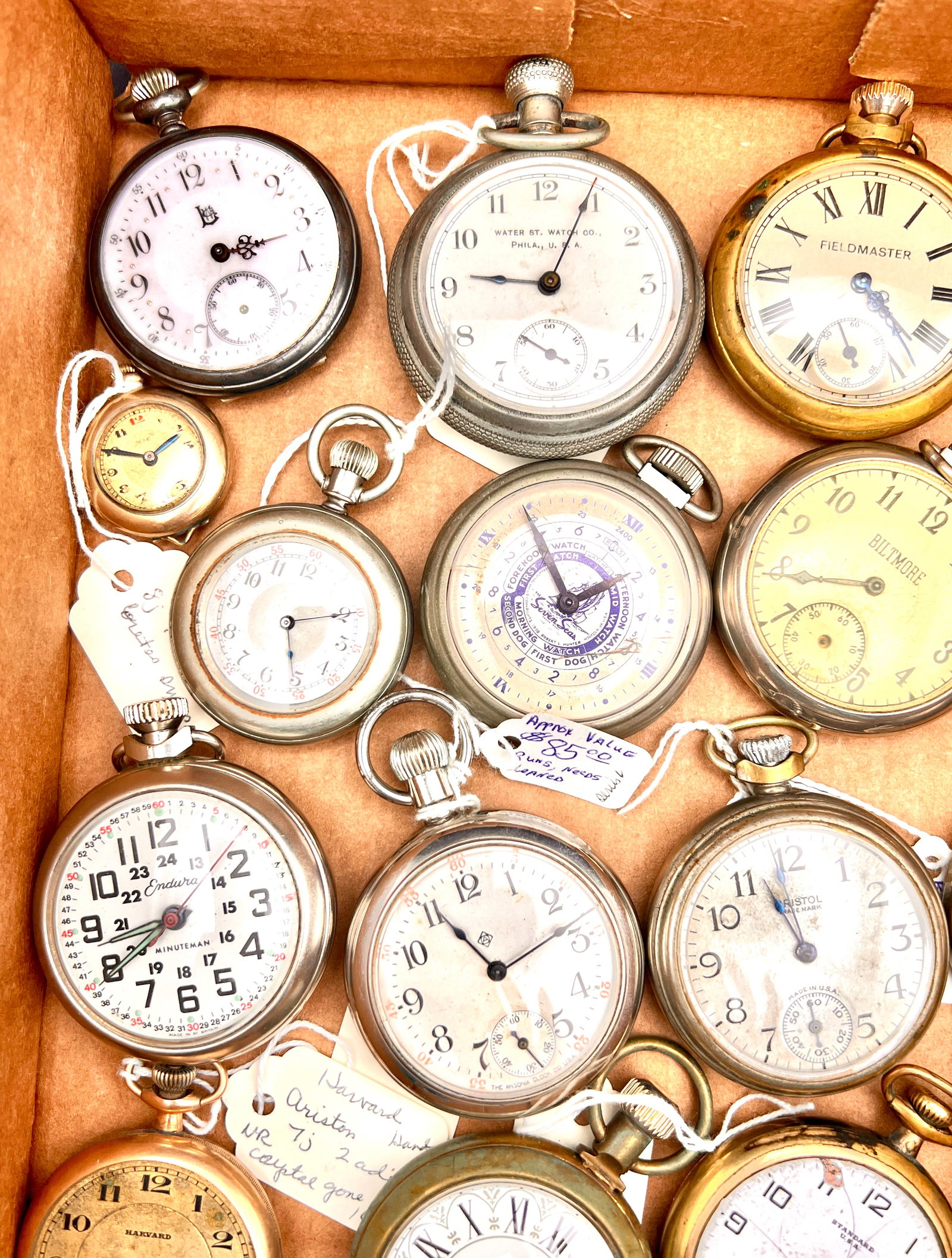 Group of 22 Pocket Watches: Group of 22 Pocket Watches. Includes Water Street WC slide set dated 1891 running, Robert L Hunter Seven Seas, NY Standard running, Endura Minuteman running, Waterbury WC Duplex running, Insonia runni