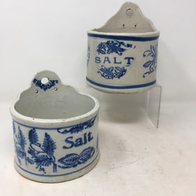 (2) Blue & White Stoneware Salt Crocks