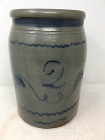 Two Gallon Western PA Stoneware Jar, Freehand Decoration
