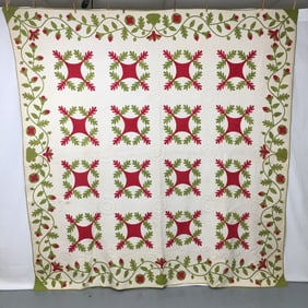 Antique Trapunto Oak Leaf & Reel Applique Quilt