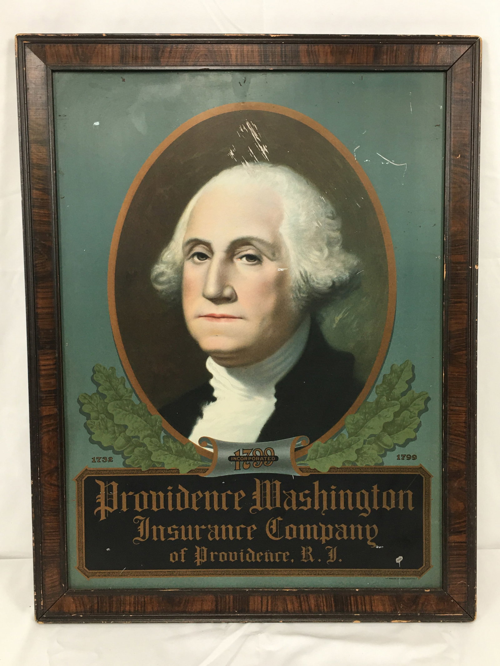 Providence Washington Insurance Co. Advertising Sign: Providence Washington Insurance Co. Tin Advertising Sign ,marked The American Art Works, Coshocton, O.,some scratches & scuffs. 20.25"x26.25" in frame.