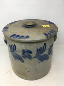 Large 3 Gallon Stoneware Cake Crock, Cobalt Floral Decorated
