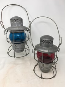 (2) Penn Central Railroad Lanterns, Red & Blue Globes