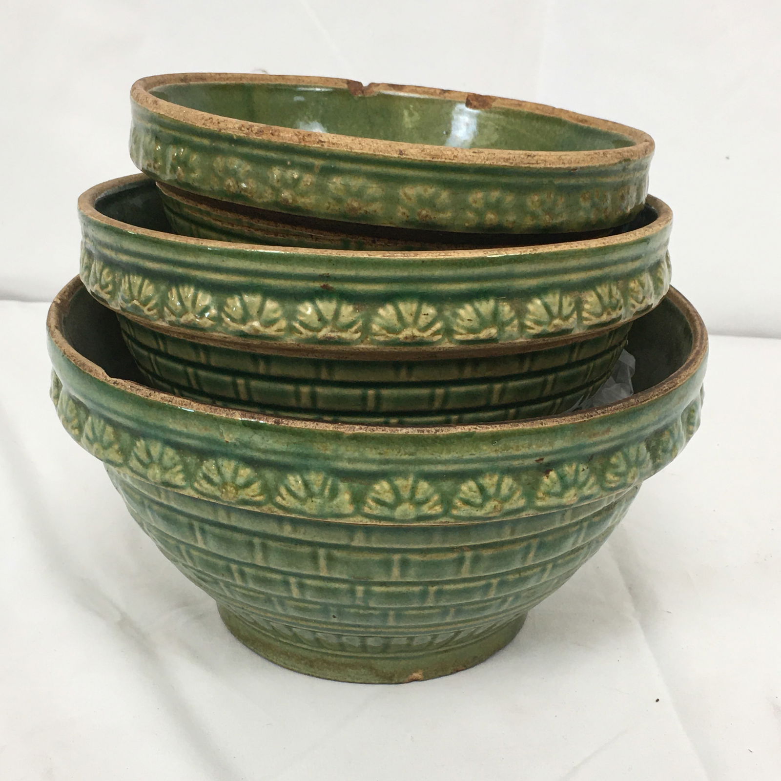 Set of (3) Green Glaze Nesting Yellowware Bowls (1 of 7)