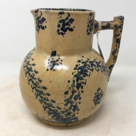 Tall Blue Sponge Decorated Stoneware Pitcher