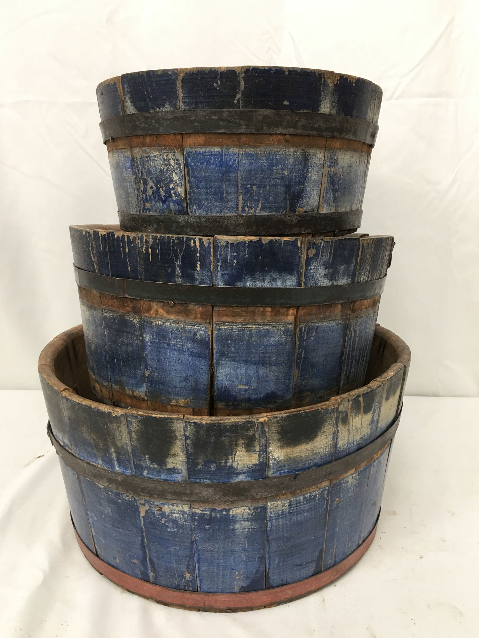 Set of (3) Graduated Wood Buckets, Old Blue Paint (1 of 5)