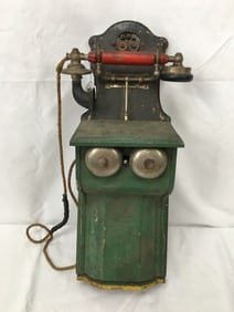 Iron Wall Telephone, Painted Green & Yellow