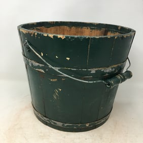 Primitive Wooden Bucket in Old Green Paint