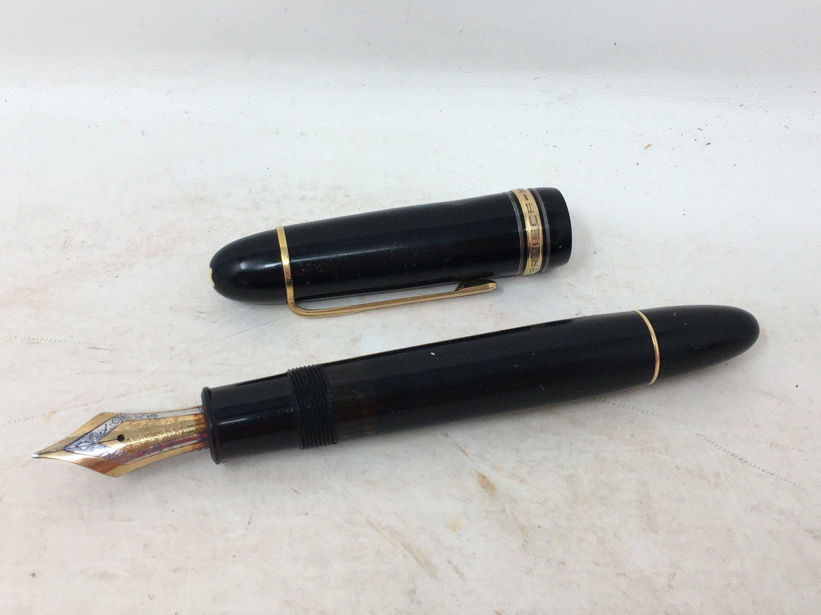 1960s Montblanc Masterpiece 149 Fountain Pen, 14K Nib: 1960s Montblanc Masterpiece 149 fountain pen, black resin body. 14K two-tone gold nib marked 4810 14C Montblanc 585. With box.