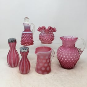 (6) Pieces Cranberry Opalescent Glass