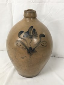 Ovoid Stoneware Jug, Floral Cobalt Decoration