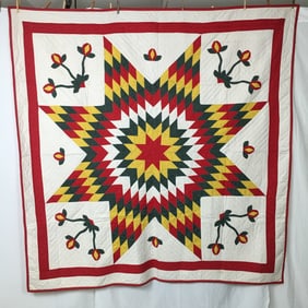 Antique Quilt, Lone Star with Floral Applique