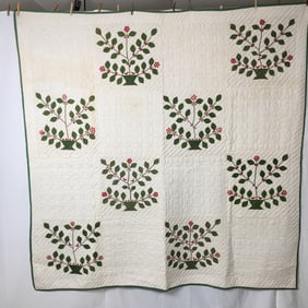 Antique Applique Quilt, Red Birds, Cherries & Trees
