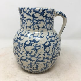 Blue Sponge Decorated Stoneware Pitcher