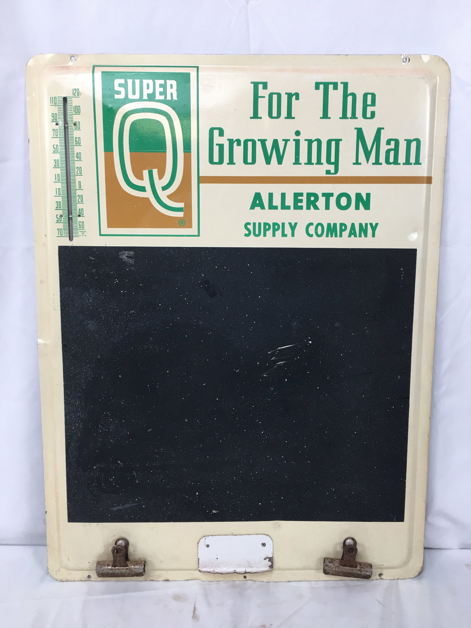Super Q Agricultural Advertising Chalkboard & Thermometer: Super Q Agricultural SST Advertising Blackboard & Thermometer. "For The Growing Man, Allerton Supply Company"; Marked MCA-333; 24"x18"