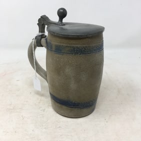 Cobalt Striped Stoneware Mug, Pewter Lid