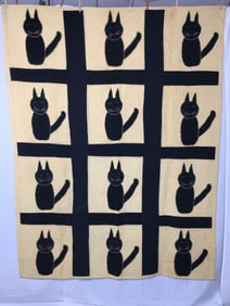 Antique Folk Art Quilt, Black Cats Applique