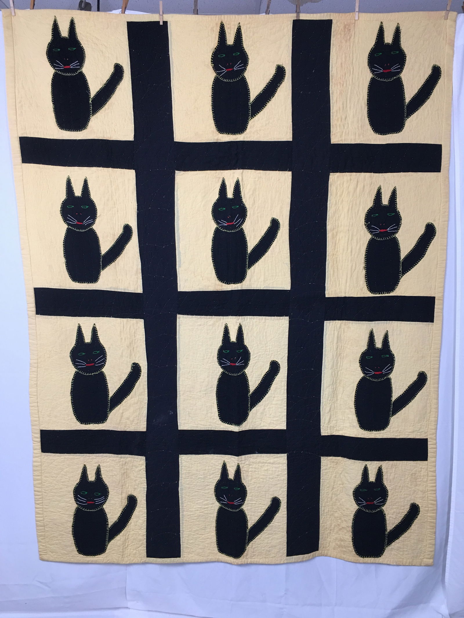 Antique Folk Art Quilt, Black Cats Applique (1 of 5)