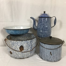 Blue Granite Ware, (4) Pieces