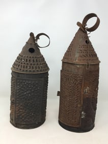 (2) Primitive Punched Tin Lanterns