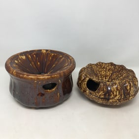 (2) Stoneware Spittoons, Rockingham Glaze