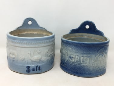 (2) Blue & White Salt Crocks