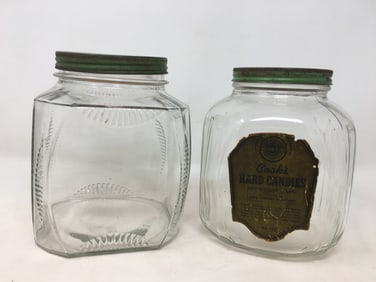 (2) Glass Counter Jars, Green Lids
