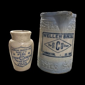 Two Advertising Stoneware Pitchers