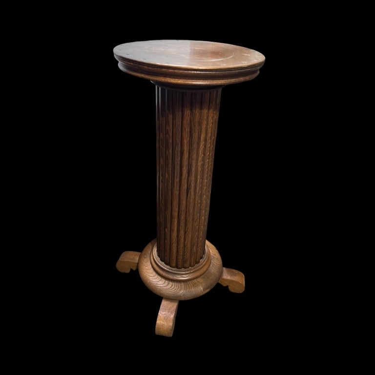 Oak Pedestal Copper Top: Very Sturdy Oak Pedestal with wrapped copper top on a heavy fluted column.