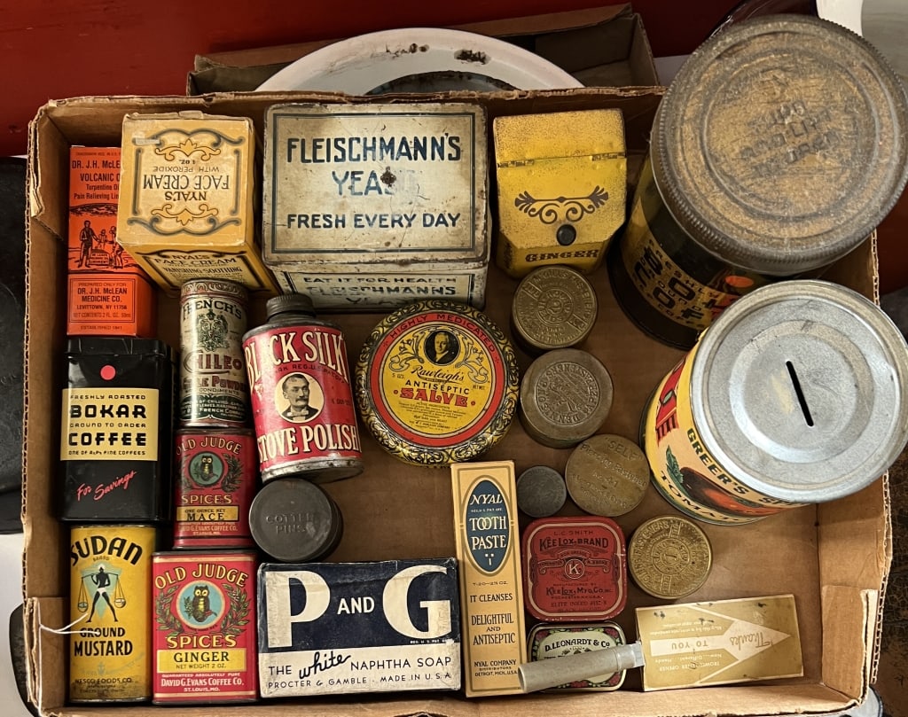 Group of Advertising: Group of Advertising - kitchen, bathroom, tins. Dr. McGleam Volcanic Oil.