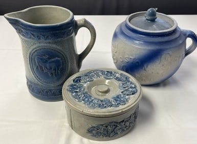 Group of Three Blue & White Stoneware